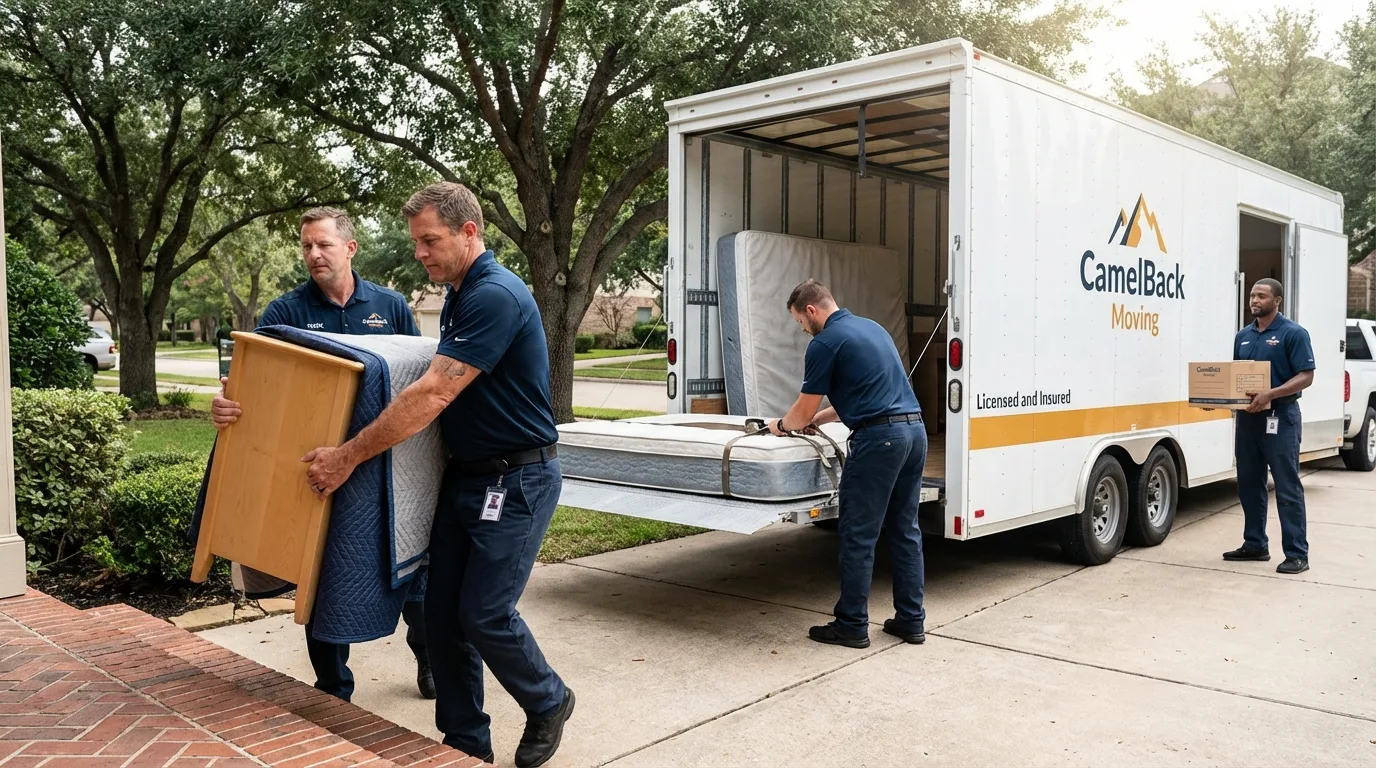 Crew loading residential truck for cross-state move from Coldspring, TX