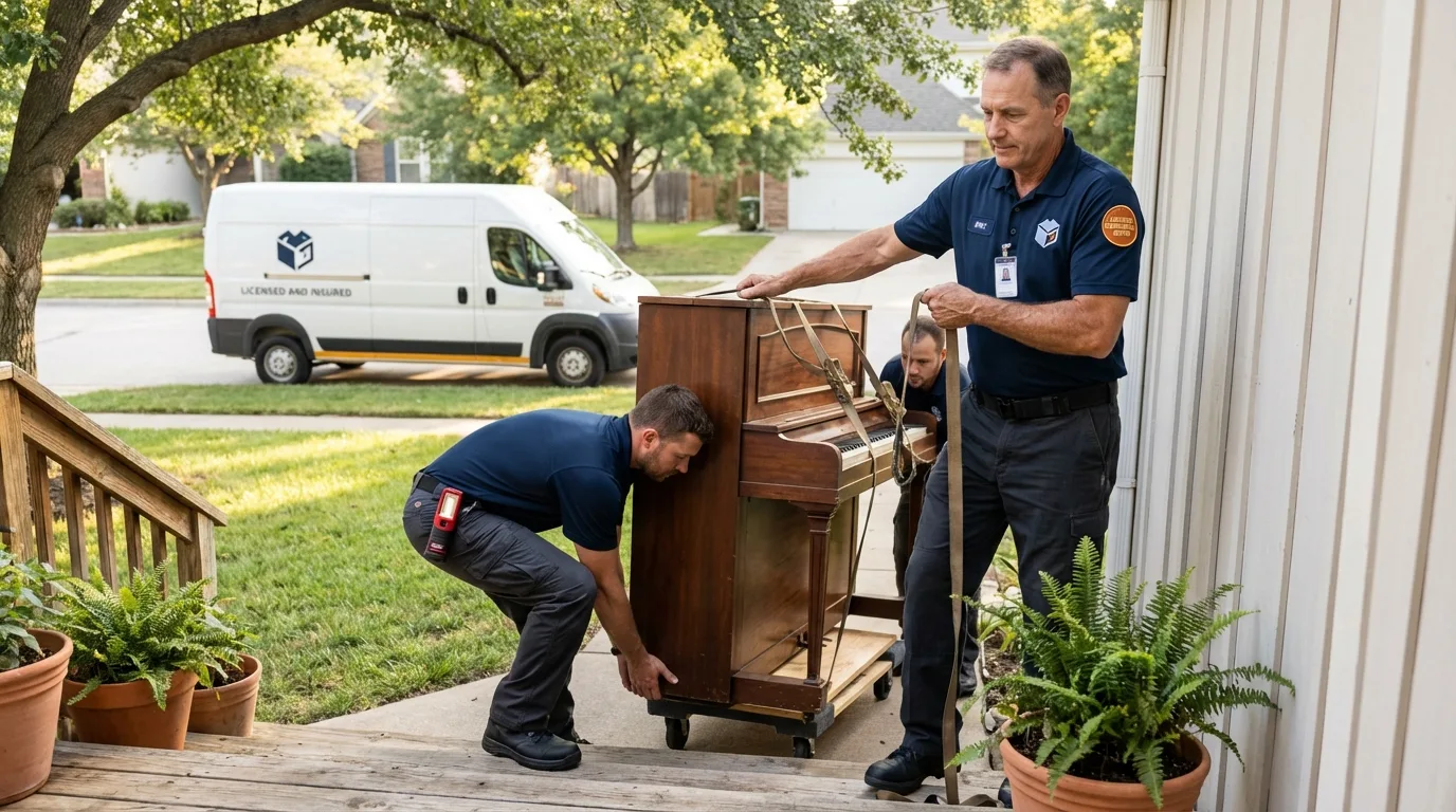 Licensed piano movers securing grand piano in Coldspring, TX