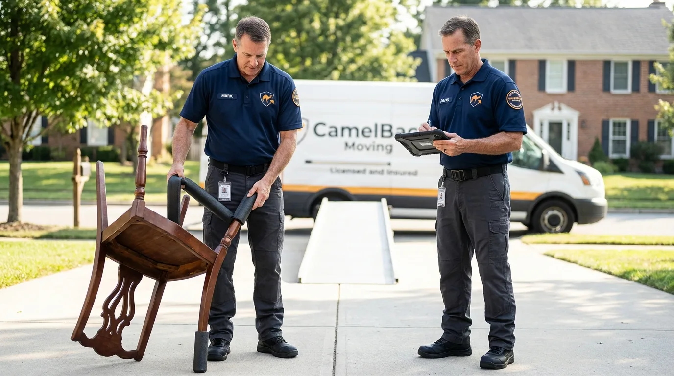 Movers inspecting furniture for damage prevention before loading in Coldspring, TX