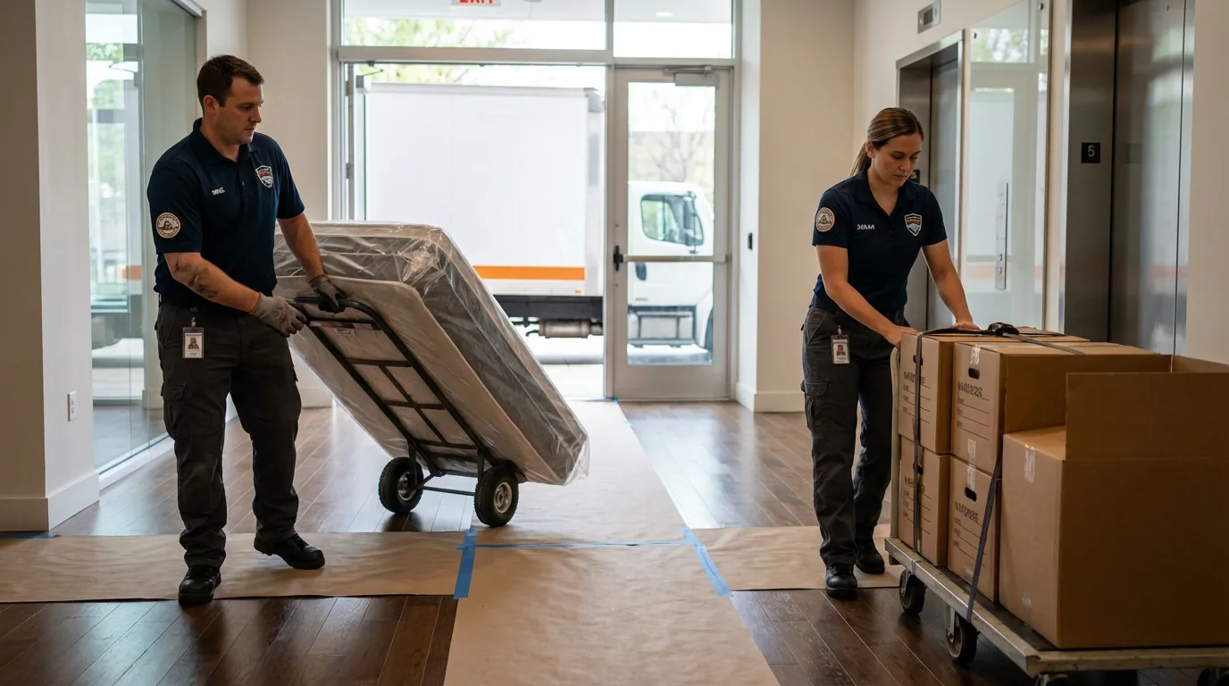 Professional apartment movers loading elevator in Coldspring, TX