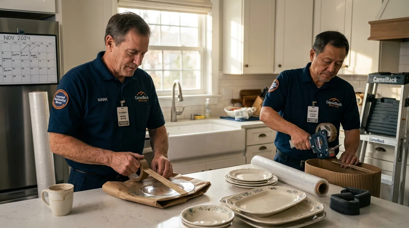 Professional crew packing kitchen dishware in Coldspring, TX